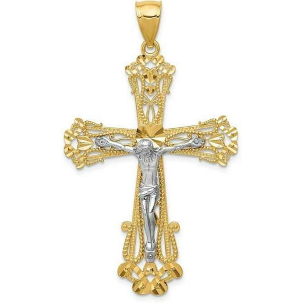 14k Yellow Gold Diamond-cut Fleur de lis Crucifix Pendant 